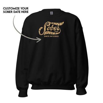Leopard Sober Since Sweatshirt w/ Personalized Sobriety Date