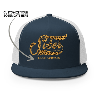 Leopard Sober Since Printed Trucker Cap w/ Personalized Sobriety Date