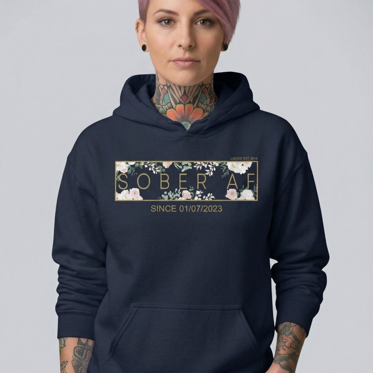 Recovery Hoodie | Women's Sober AF Flower Hoodie with Custom Date