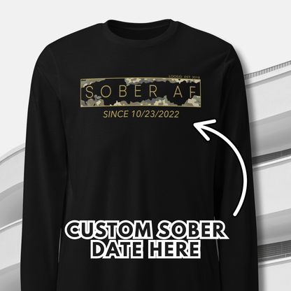 Men's Sober AF Camo Long Sleeve T-shirt with Custom Sobriety Date