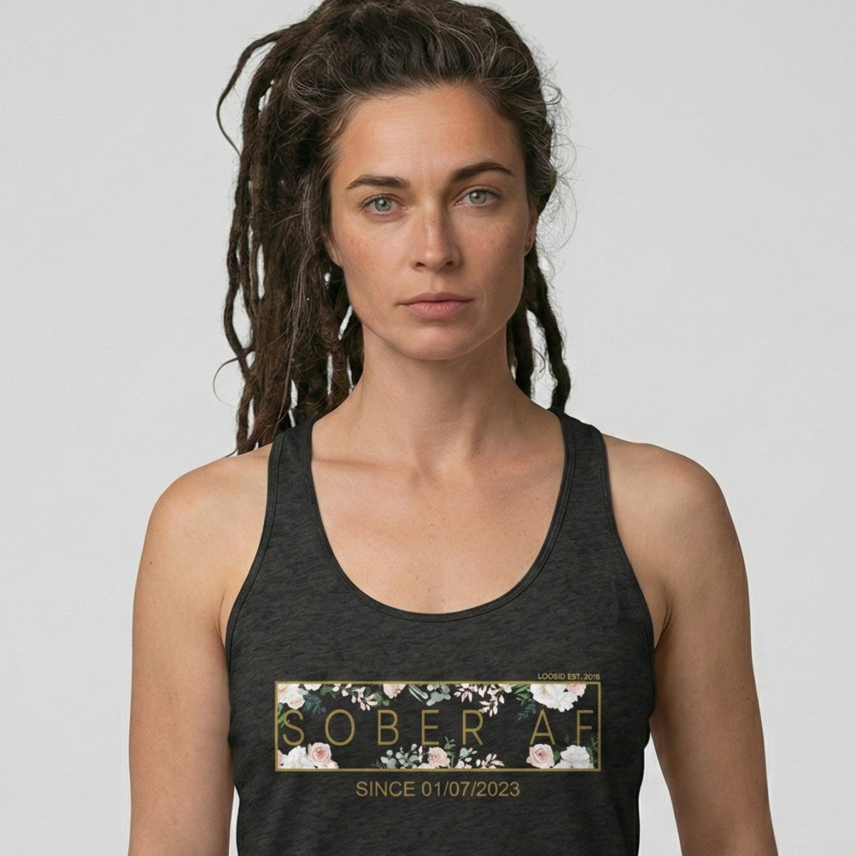 Sober Tank-top | Women’s Sober AF Flower Racerback Top with Personalized Sobriety Date