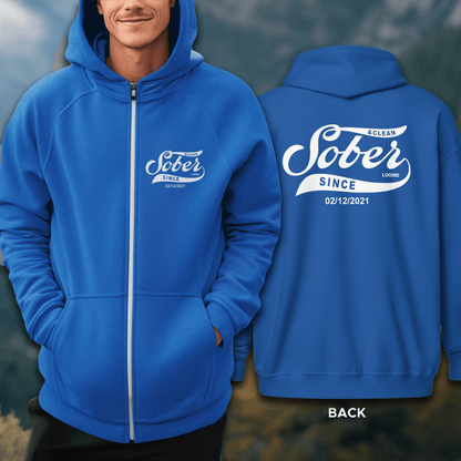 Recovery Zip Hoodie | Sober Since Unisex Zip Hoodie Front and Back Print  Hoodie with Custom Sobriety Date