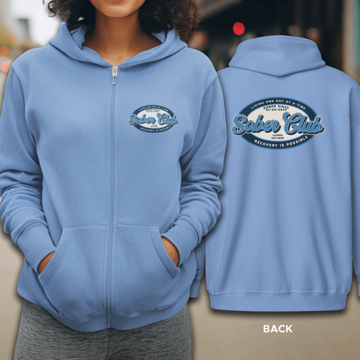 Sober Club Badge Left Chest Print Unisex Zip Hoodie with Custom Sobriety Date