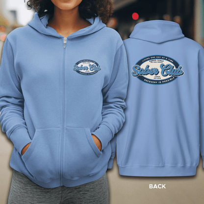 Sober Club Badge Left Chest Print Unisex Zip Hoodie with Custom Sobriety Date