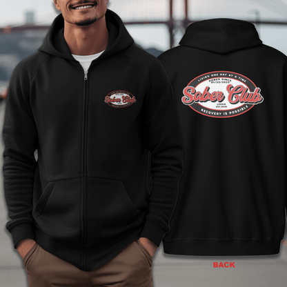 Sober Club Badge Unisex Zip Hoodie Front and Back Print  Hoodie with Custom Sobriety Date (Front & Back)