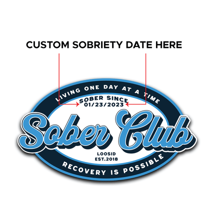 Sober Club Badge Left Chest Print Unisex Zip Hoodie with Custom Sobriety Date