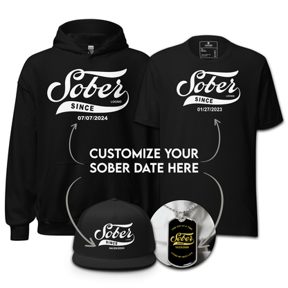 Sobriety Gift men’s bundle with hoodie, t-shirt, hat, and dog tag