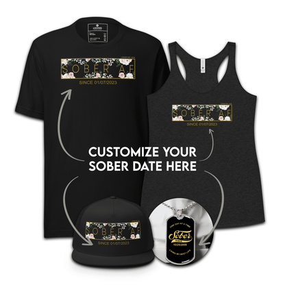 Women's Sober AF Flower Bundle w/ Personalized Sobriety Date | T-Shirt + Trucker Hat + Dog Tag