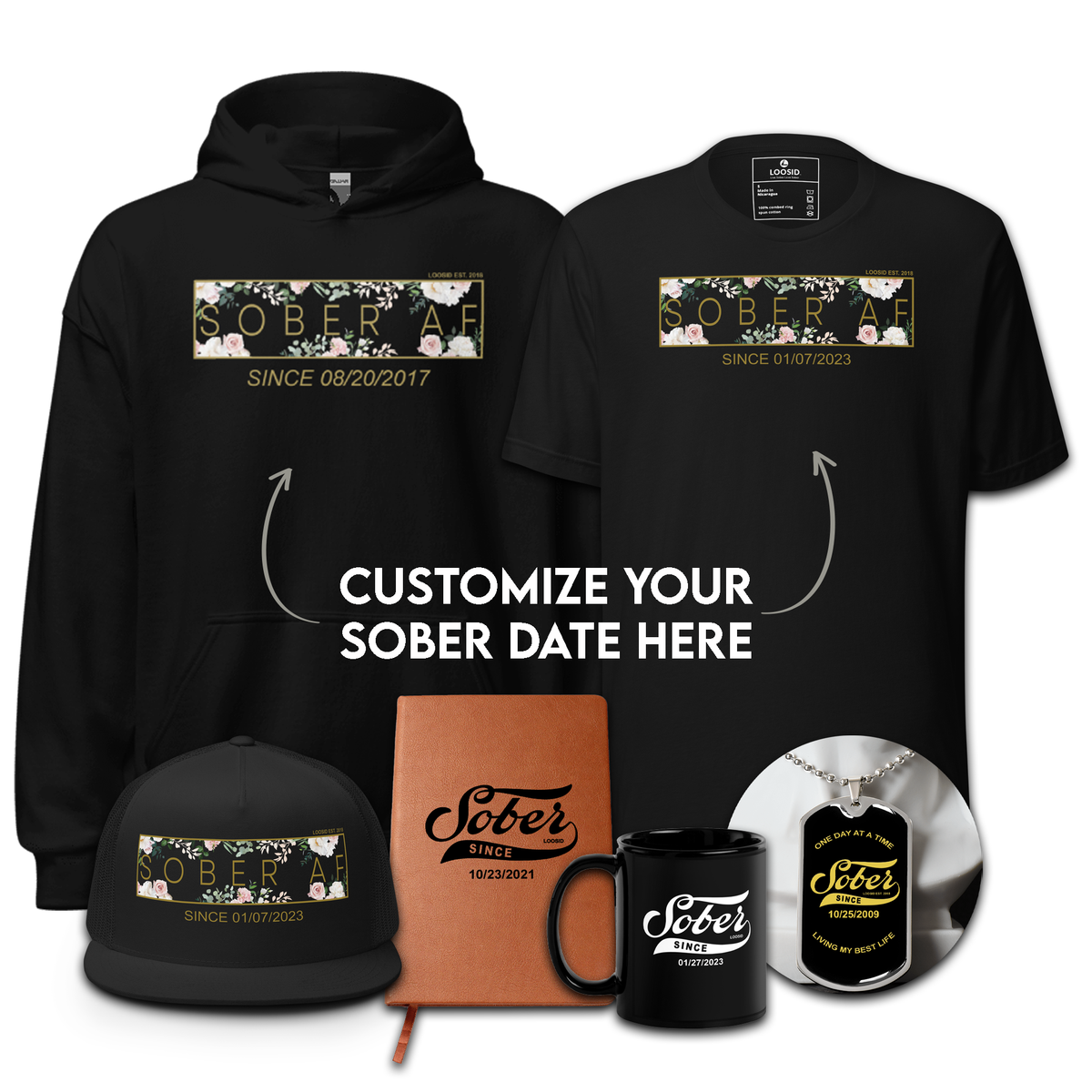 Women's Sober Celebration Flower Premium Bundle w/ Personalized Sobriety Date