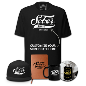 Men's Sober Since Bundle w/ Personalized Sobriety Date | T-Shirt + Trucker Hat + Dog Tag + Mug + Journal