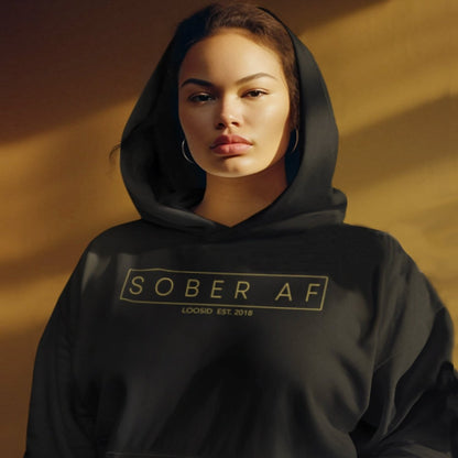 Recovery Hoodie with bold Sober AF design for women in recovery