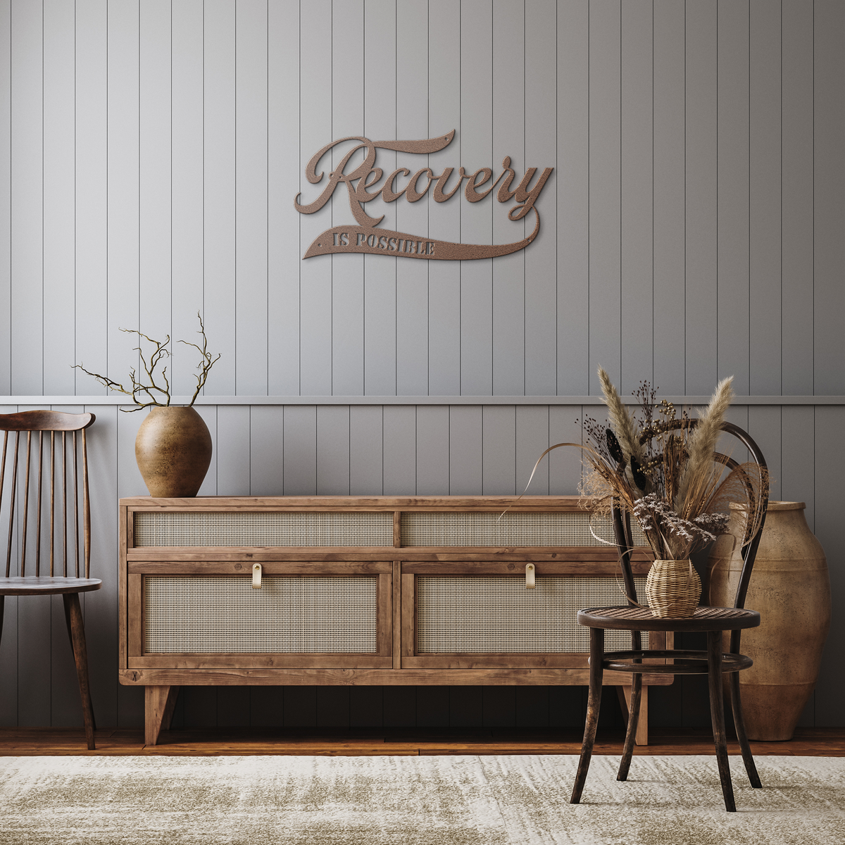 Recovery_Is_Possible_Die_Cut_Metal_Sign_Copper_Rustic_Hallway_Mockup.png