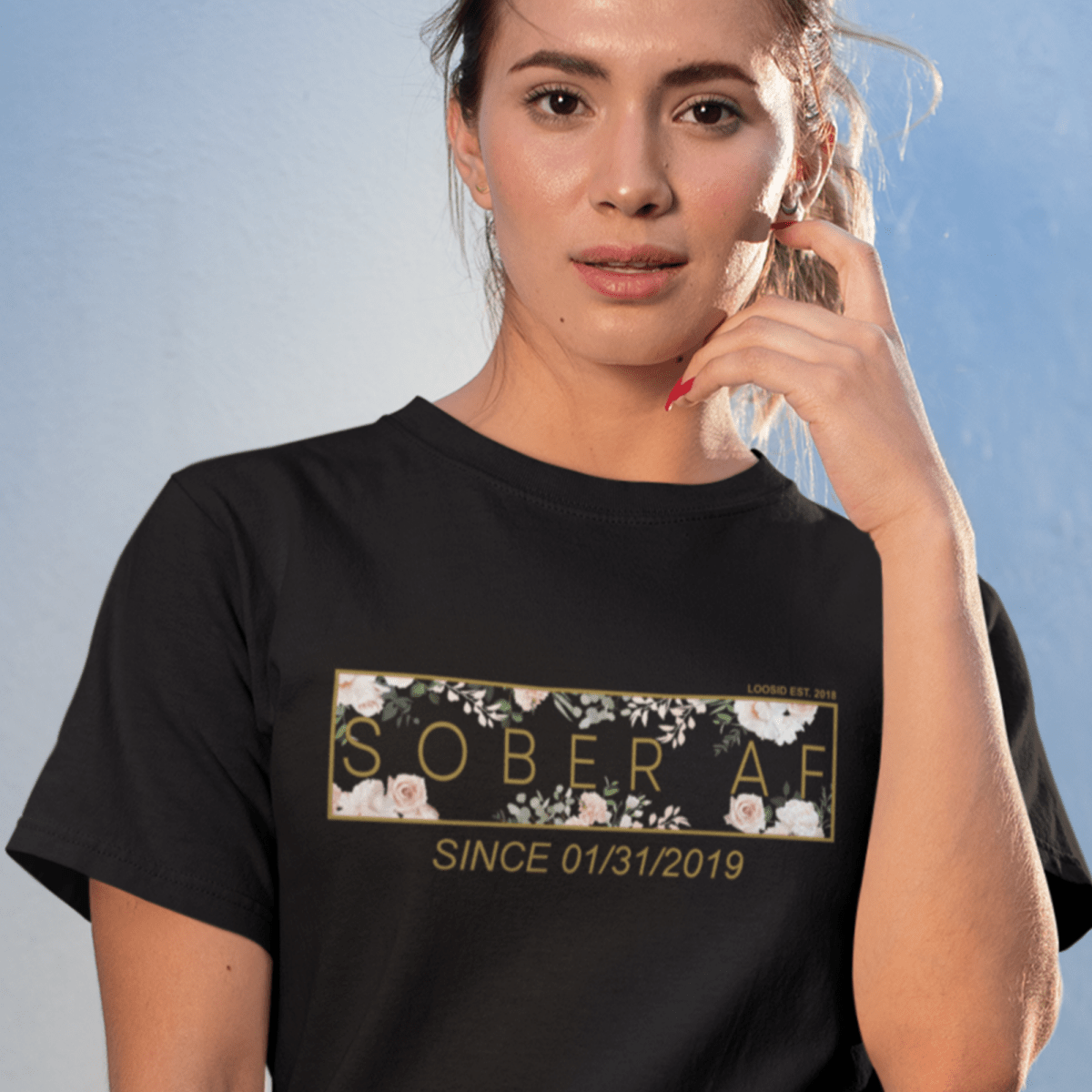 Sober T Shirt | Women’s Sober AF Flower Tee in Warm Colors with Personalized Sobriety Date