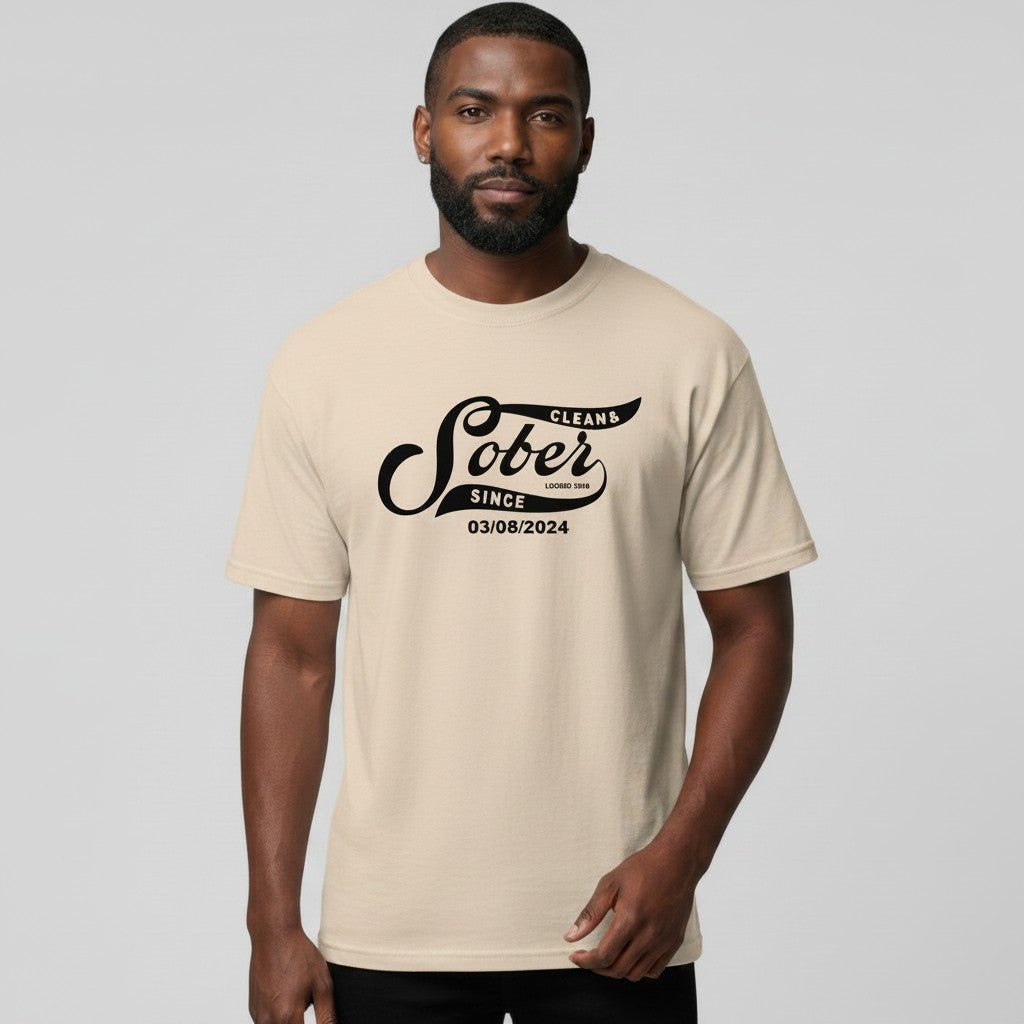 Sober Since Sober T Shirt flat lay styled image (view 13)