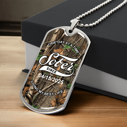 Sobriety Gift | Hunting Camo Dog Tag with Personalized 'Sober Since' Date