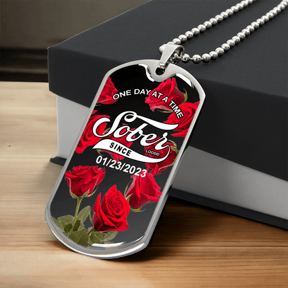 Sober Jewelry featuring rose dog tag with engraved sober date