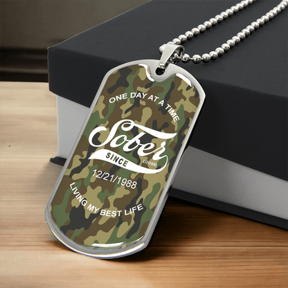 Sobriety Gift | Camo Dog Tag Necklace with Personalized Date