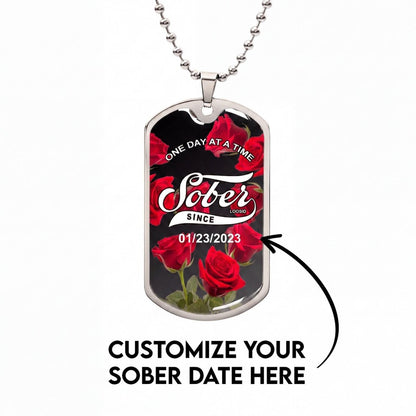 Sober Gift | Rose Sober Since Dog Tag Jewelry