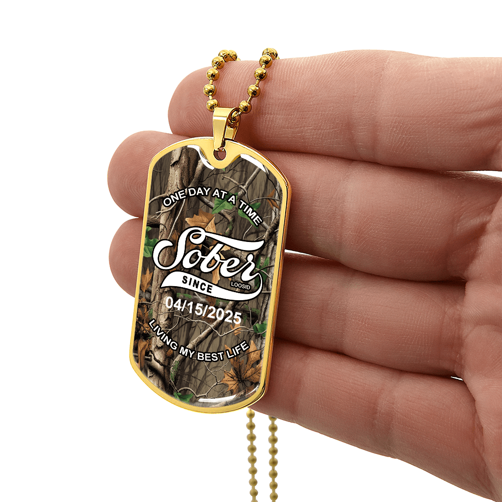 Sobriety Gift | Hunting Camo Dog Tag with Personalized 'Sober Since' Date