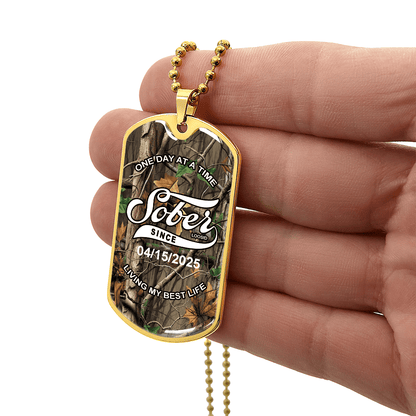 Sobriety Gift | Hunting Camo Dog Tag with Personalized 'Sober Since' Date
