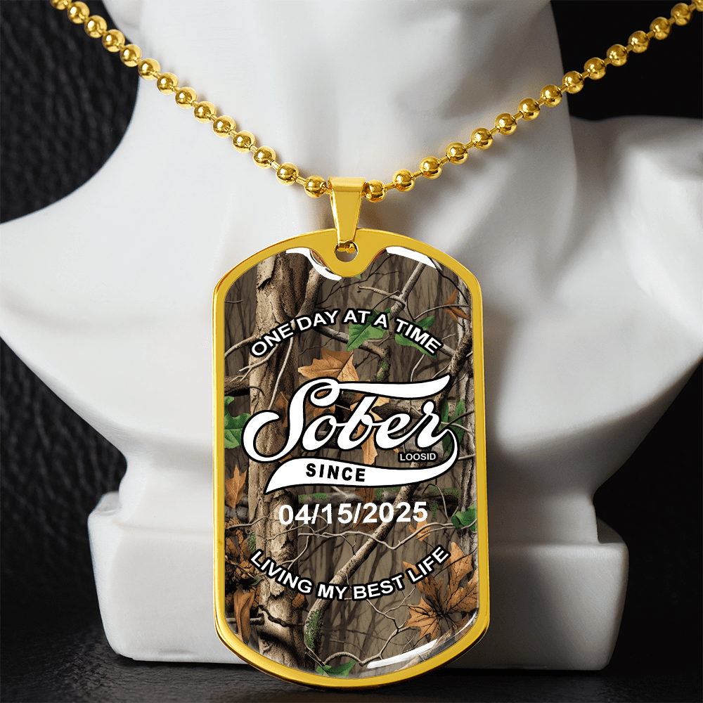 Sobriety Gift | Hunting Camo Dog Tag with Personalized 'Sober Since' Date