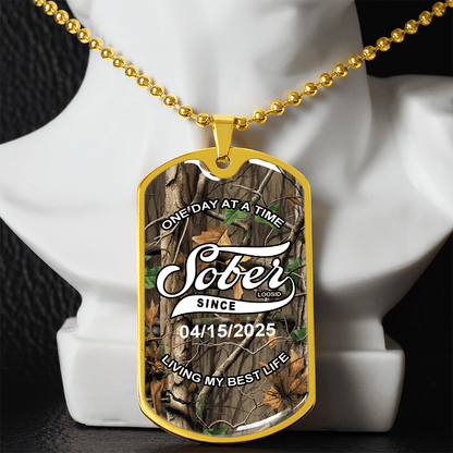 Sobriety Gift | Hunting Camo Dog Tag with Personalized 'Sober Since' Date