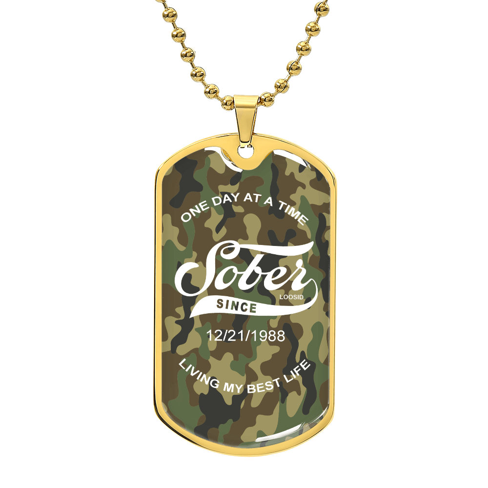 Camo Sobriety Gift dog tag jewelry on black display stand