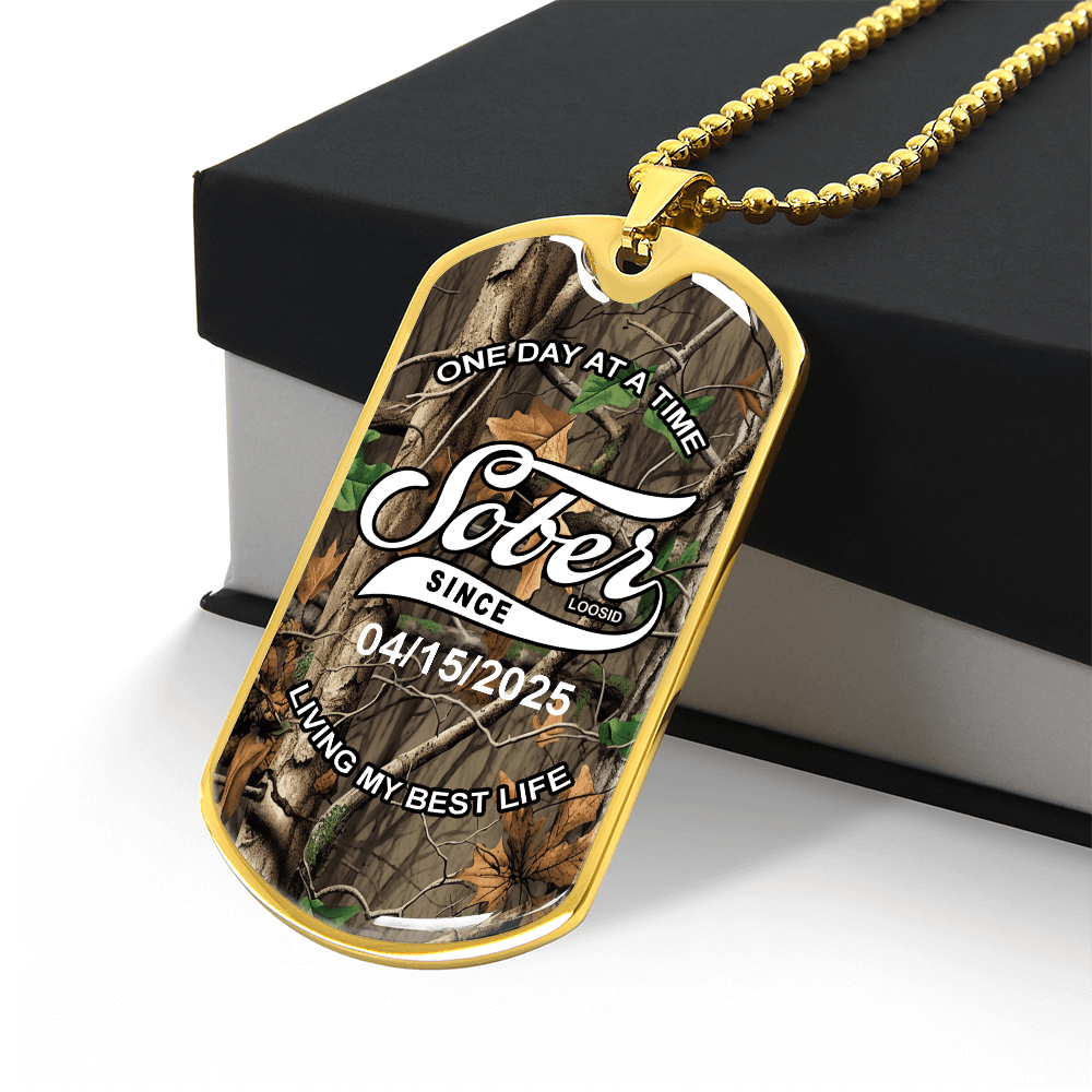 Sobriety Gift | Hunting Camo Dog Tag with Personalized 'Sober Since' Date