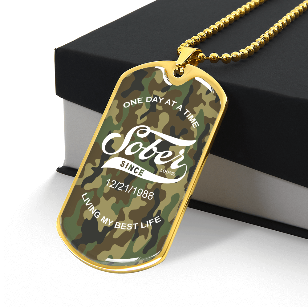 Camo Sober Since Dog Tag Necklace w/Personalized Date