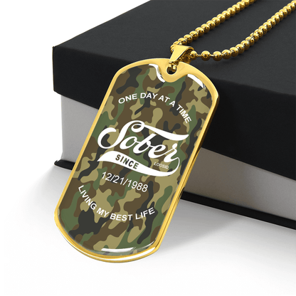 Men’s Sobriety Gift necklace with camo background and custom date