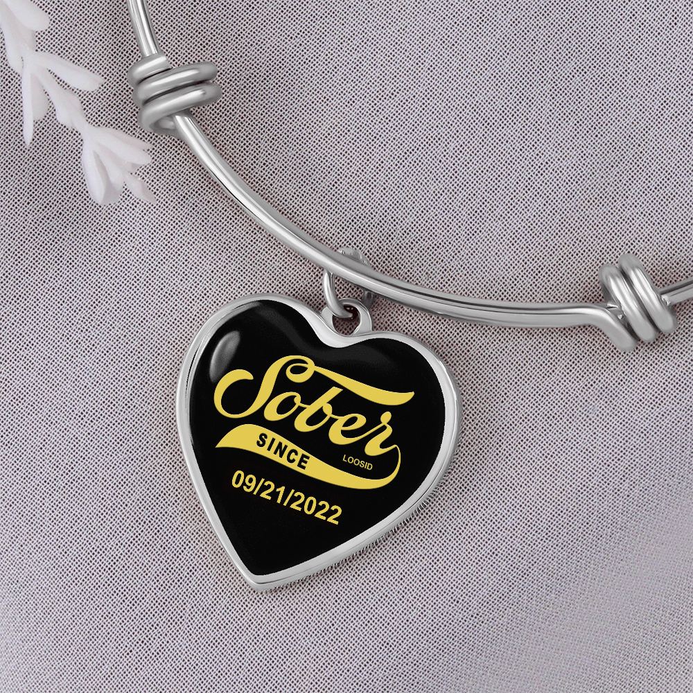 Sobriety Gift | Sober Since  Heart  Bangle w/  Personalized   Sober   Date