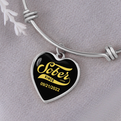 Sobriety Gift | Sober Since  Heart  Bangle w/  Personalized   Sober   Date