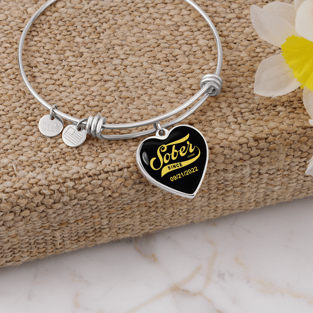 Sobriety Gift | Sober Since  Heart  Bangle w/  Personalized   Sober   Date