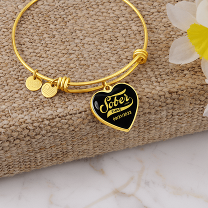 Sobriety Gift | Sober Since  Heart  Bangle w/  Personalized   Sober   Date