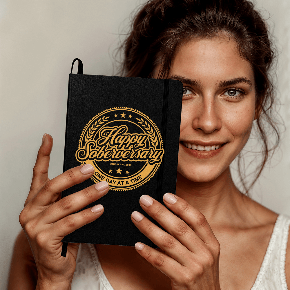 Happy Soberversary Vegan Leather Sober Journal flat lay styled image (view 3)