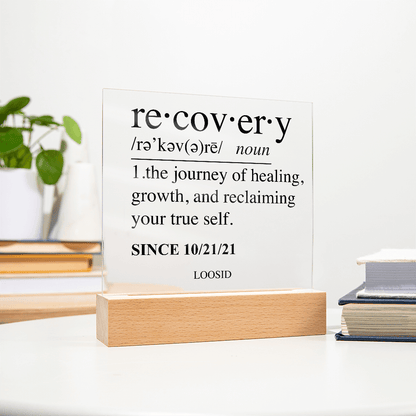 Recovery Acrylic Plaqye w Personalize Sober Date Sobriety Gift flat lay styled image (view 13)