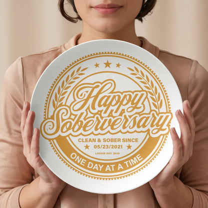 White Happy Soberversary Polymer 10” Plate