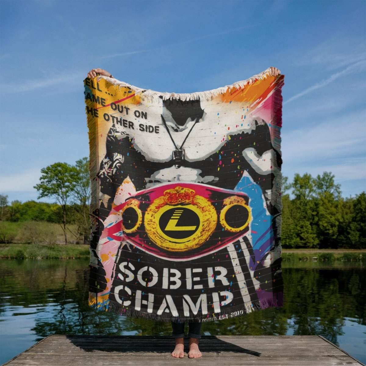 Sober Champ Man Printed Woven Recovery Blanket close-up view (view 2)