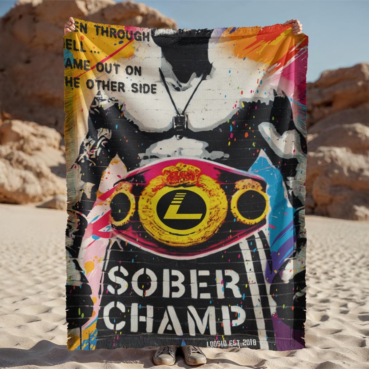 Sober Champ Man Printed Woven Recovery Blanket graphic detail (view 4)