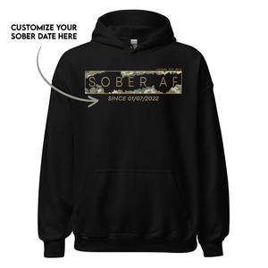Stylish recovery hoodie featuring bold “Sober AF” text