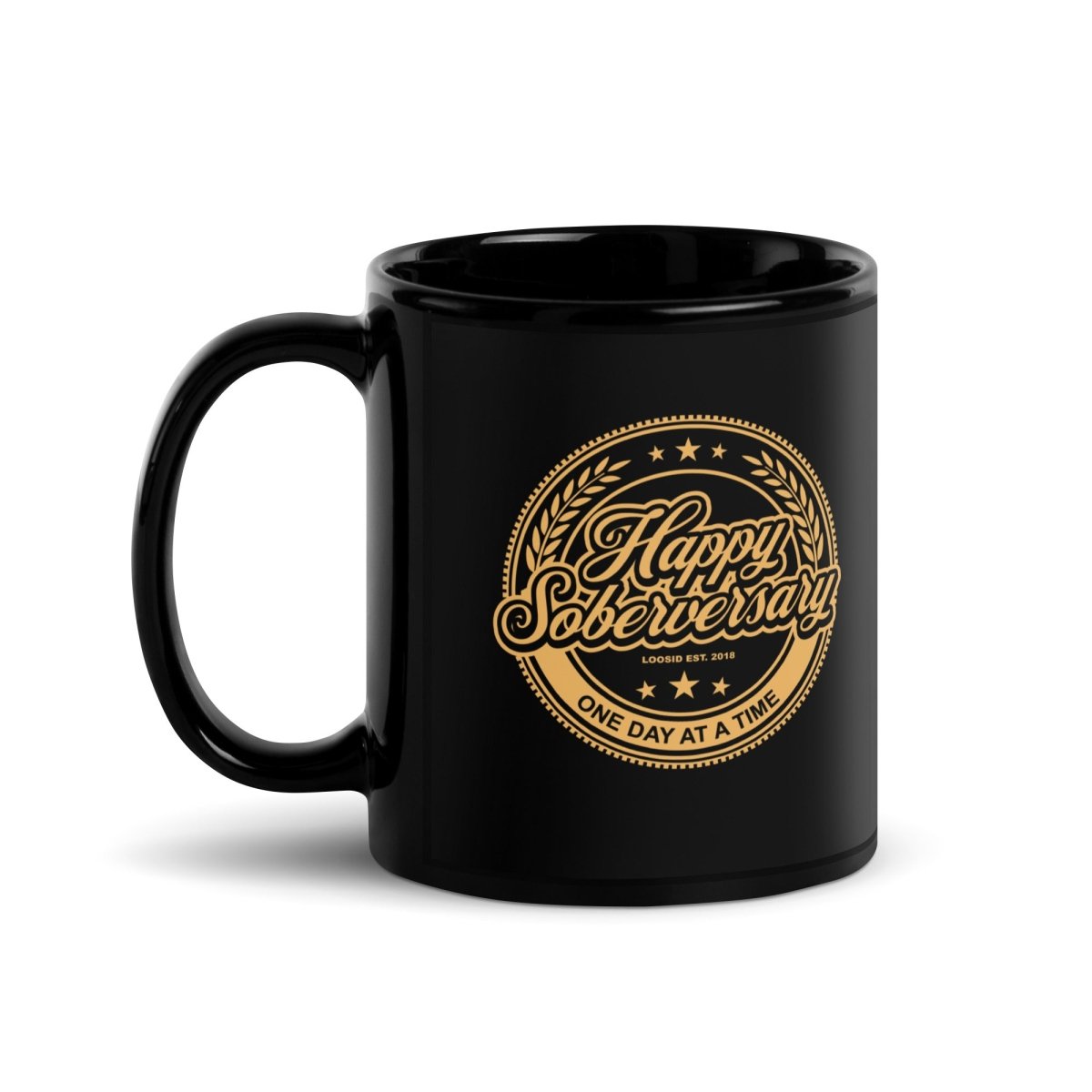 Black Happy Soberversary Black Sober Coffee Mug flat lay styled image (view 3)