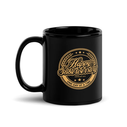 Black Happy Soberversary Black Sober Coffee Mug flat lay styled image (view 3)