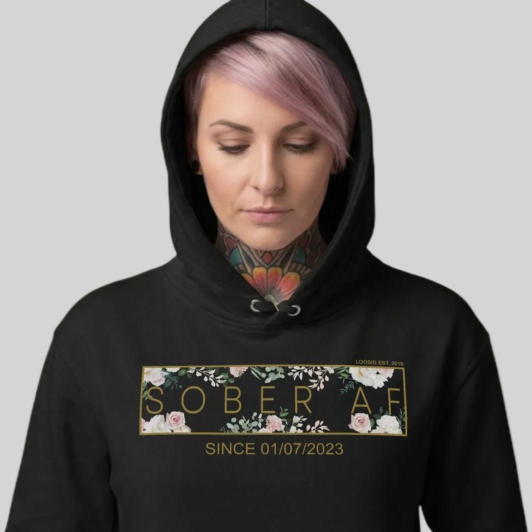 Recovery Hoodie | Women's Sober AF Flower Hoodie with Custom Date