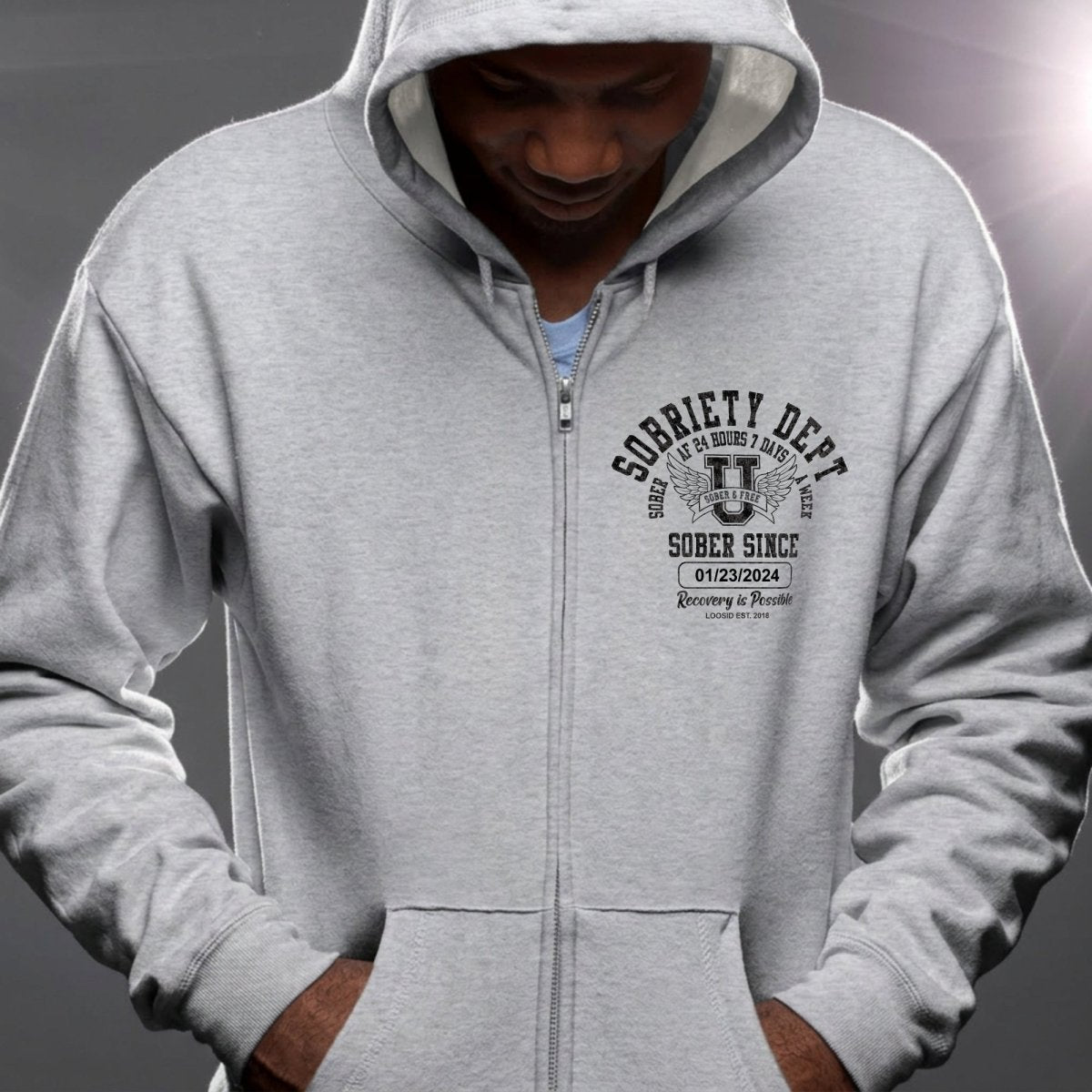 Recovery Hoodie | Sobriety Dept 24/7 Zip Hoodie with Custom Date