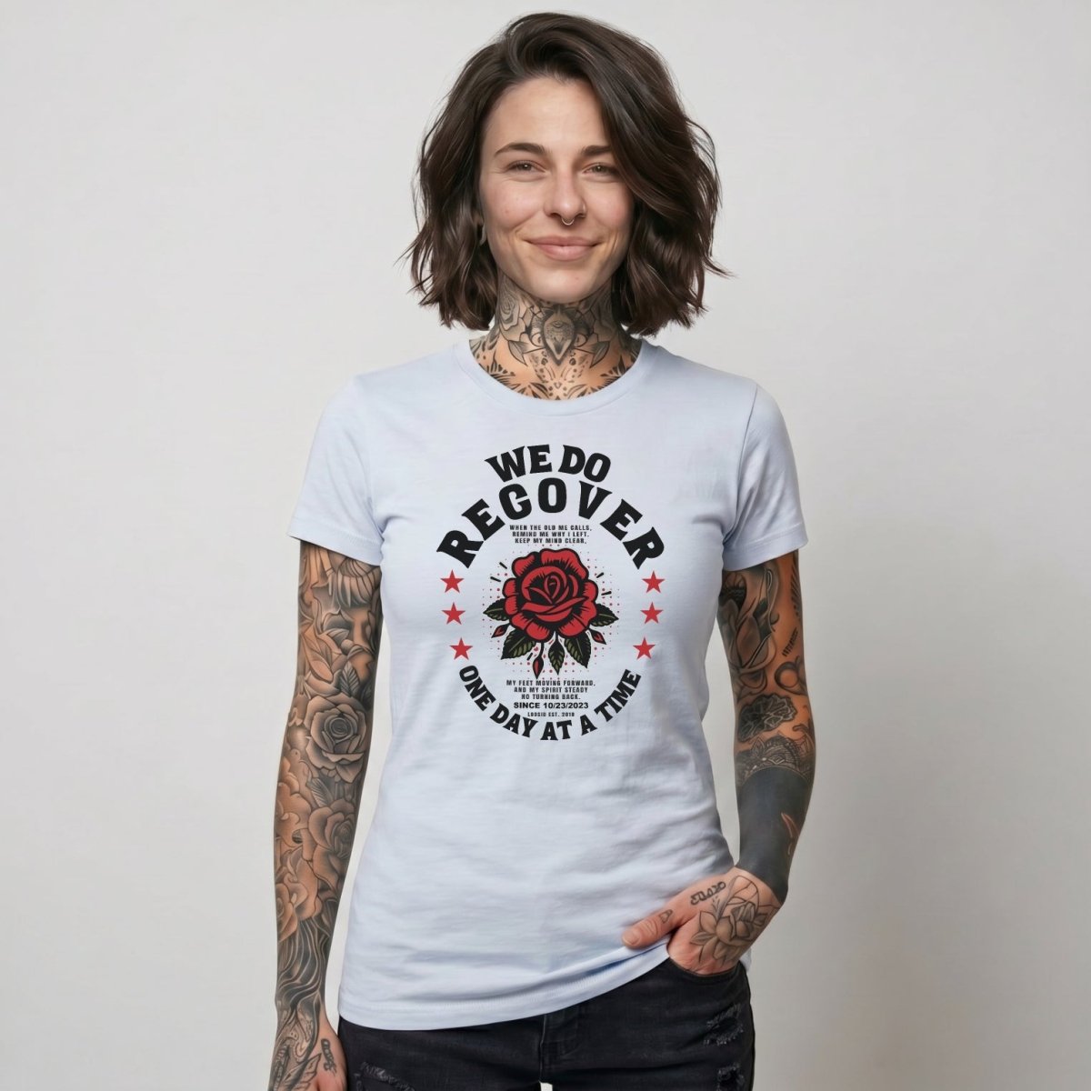 We Do Recover Sober T Shirt flat lay styled image (view 13)