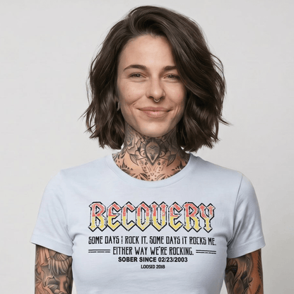 Recovery Rock Sober T Shirt flat lay styled image (view 13)