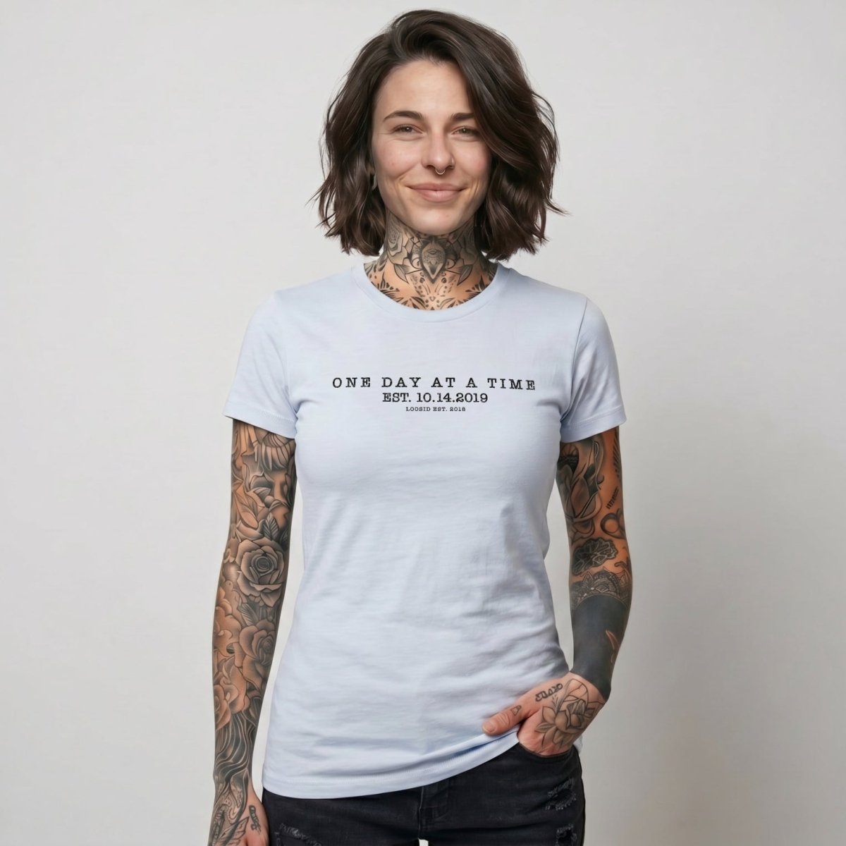 One Day At a Time Sober T Shirt flat lay styled image (view 13)