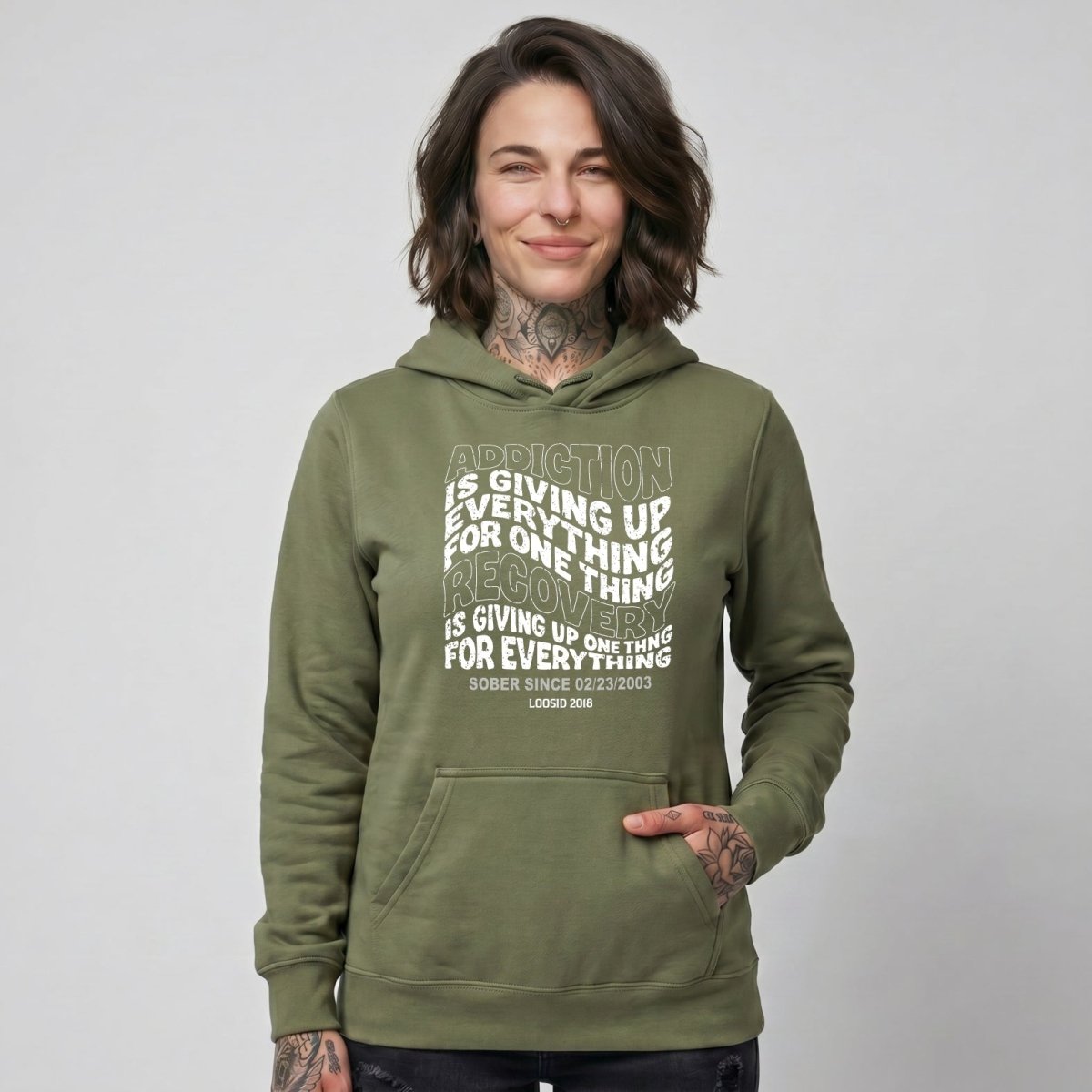 Addiction is Giving up Recovery Hoodie fit detail (view 29)