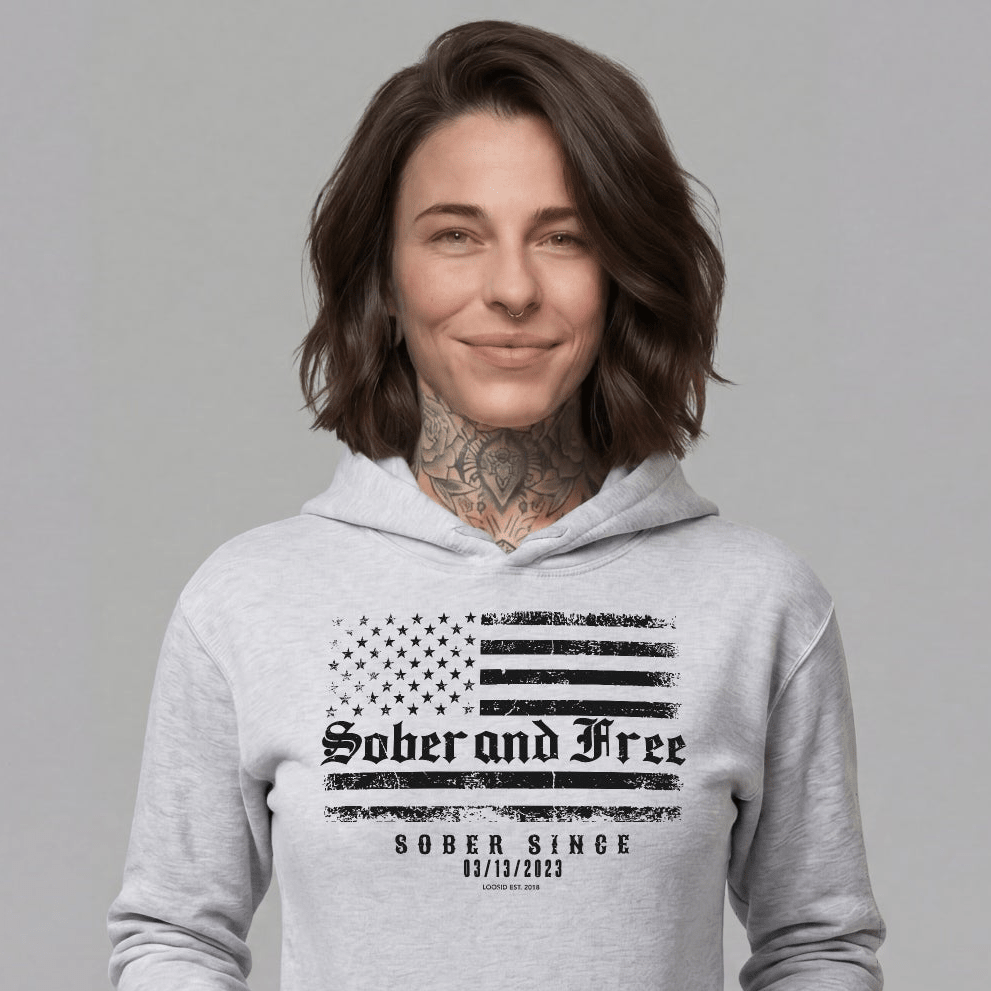 Sober and Free Custom Sobriety Date Recovery Hoodie fit detail (view 19)