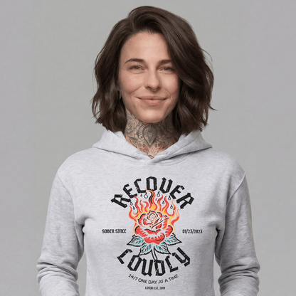 Recover Loudly Women's Custom Sobriety Date Recovery Hoodie packaging detail (view 18)